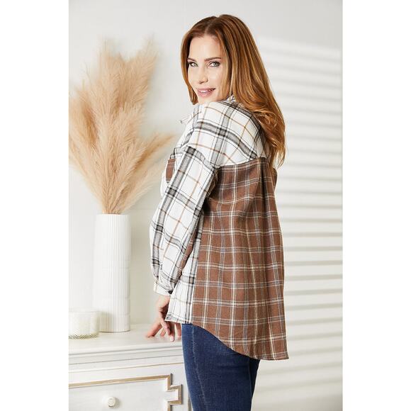 DOUBLE TAKE Brown Plaid Contrast Button Up Shirt Jacket Women's Size Small NEW - Picture 6 of 6